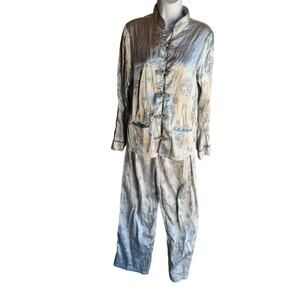 Chinese Lounge Evening Pajama Set Jacket Pant Satin Brocade Silver VTG Sz M
